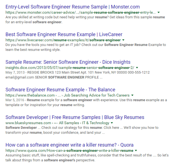 Software engineer Google resume search example