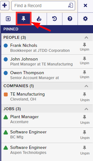 Pinned menu displays people companies and jobs that you can pin when searching for a job